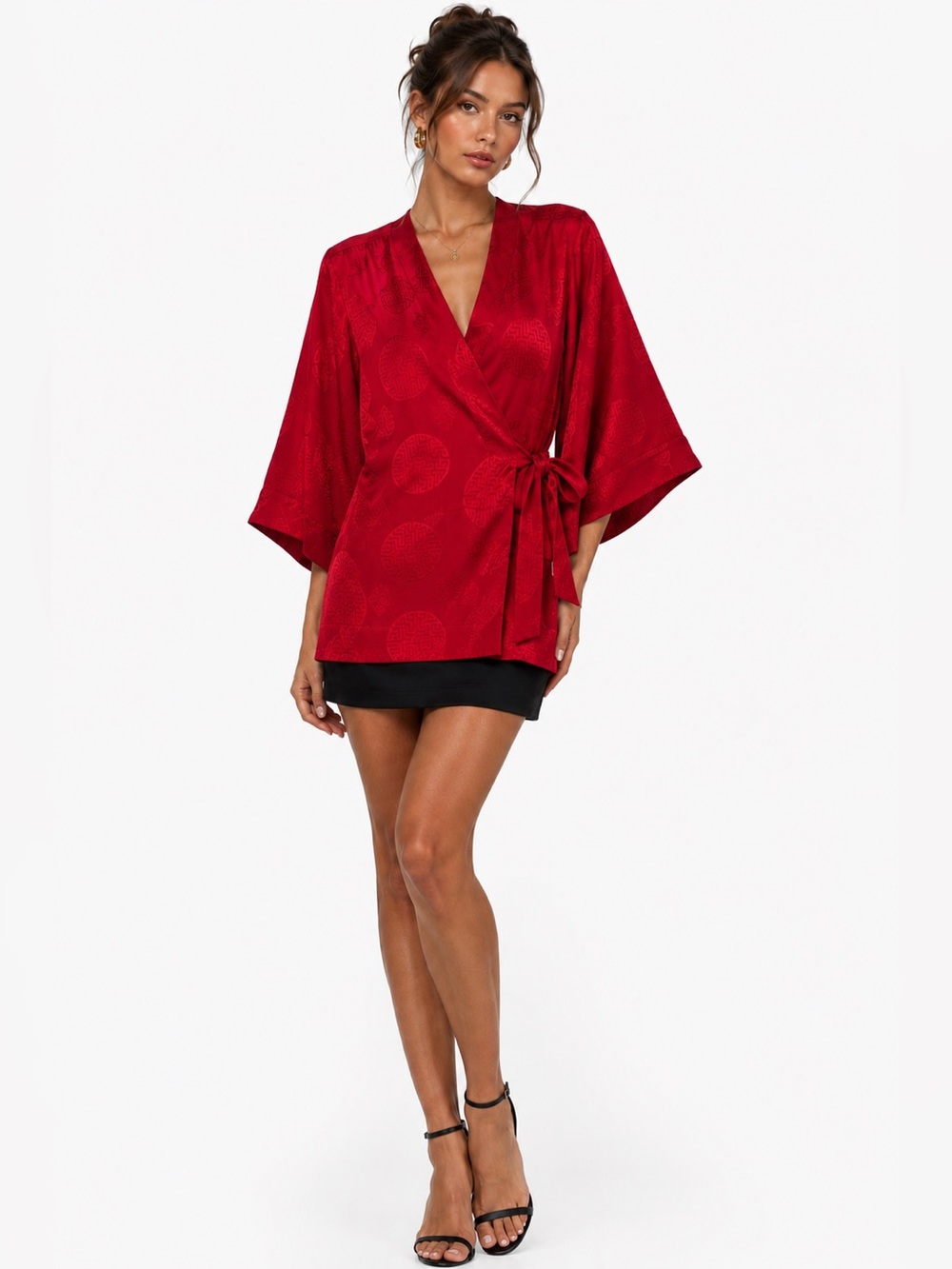 SOMA 100% Silk Red Jacquard Kimono Wrap Top Asian Inspired Luxe Loungewear S/M